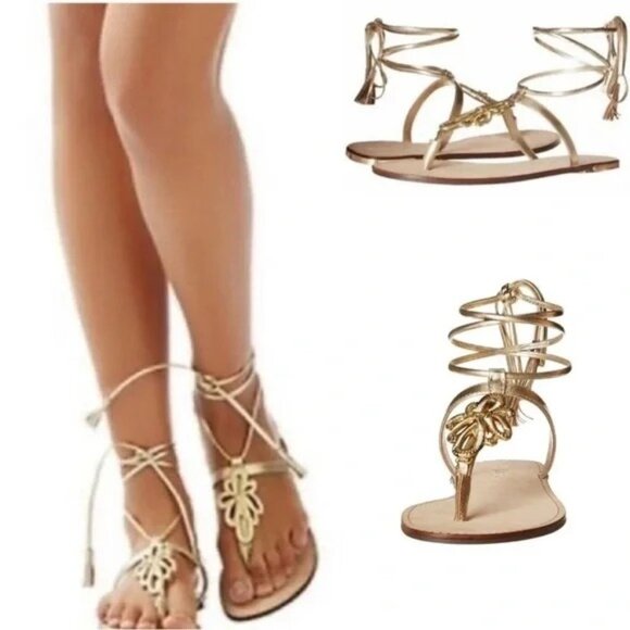 Lilly Pulitzer Pier Metallic Gold Leather Gladiator Tie Up Tassel Sandals Sz 7M - Picture 2 of 8